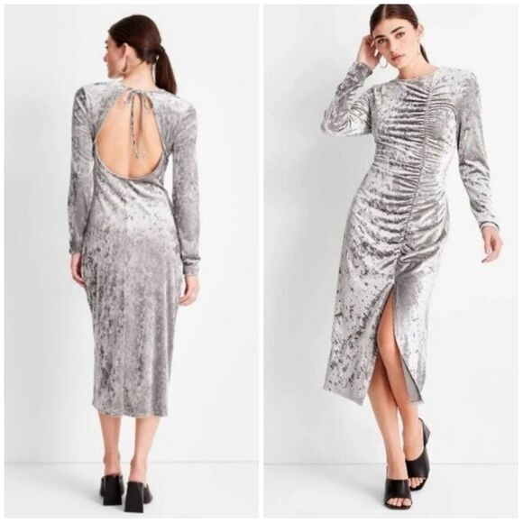 Future Collective Silver Ruched Bodycon Crushed Velvet Dress Women's Plus Size - Picture 1 of 15